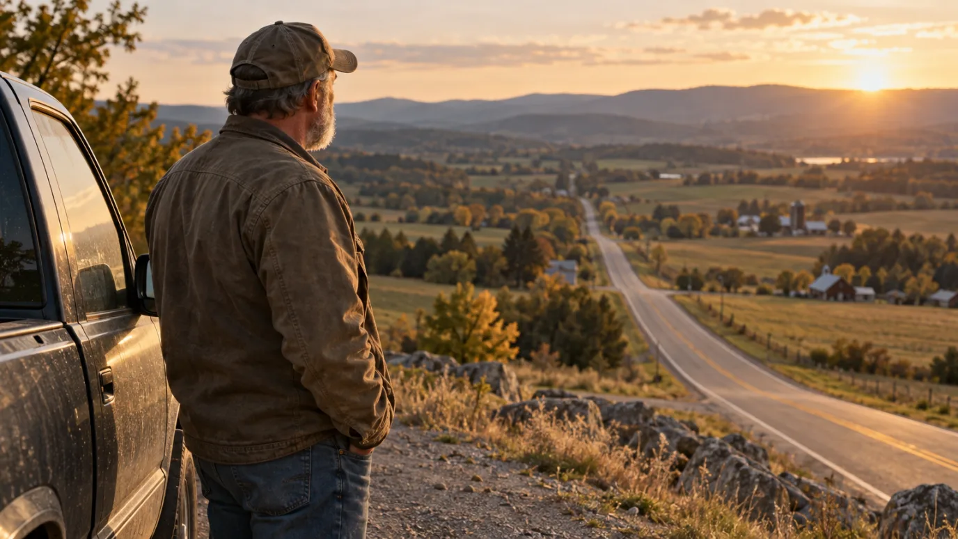 Man standing beside his pickup truck at a roadside overlook, looking out over a highway winding through farmland at sunset