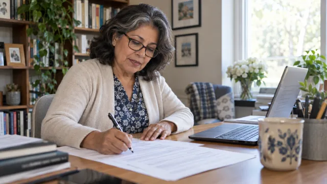 Woman in her sixties with reading glasses filling out a paper application at her home office desk