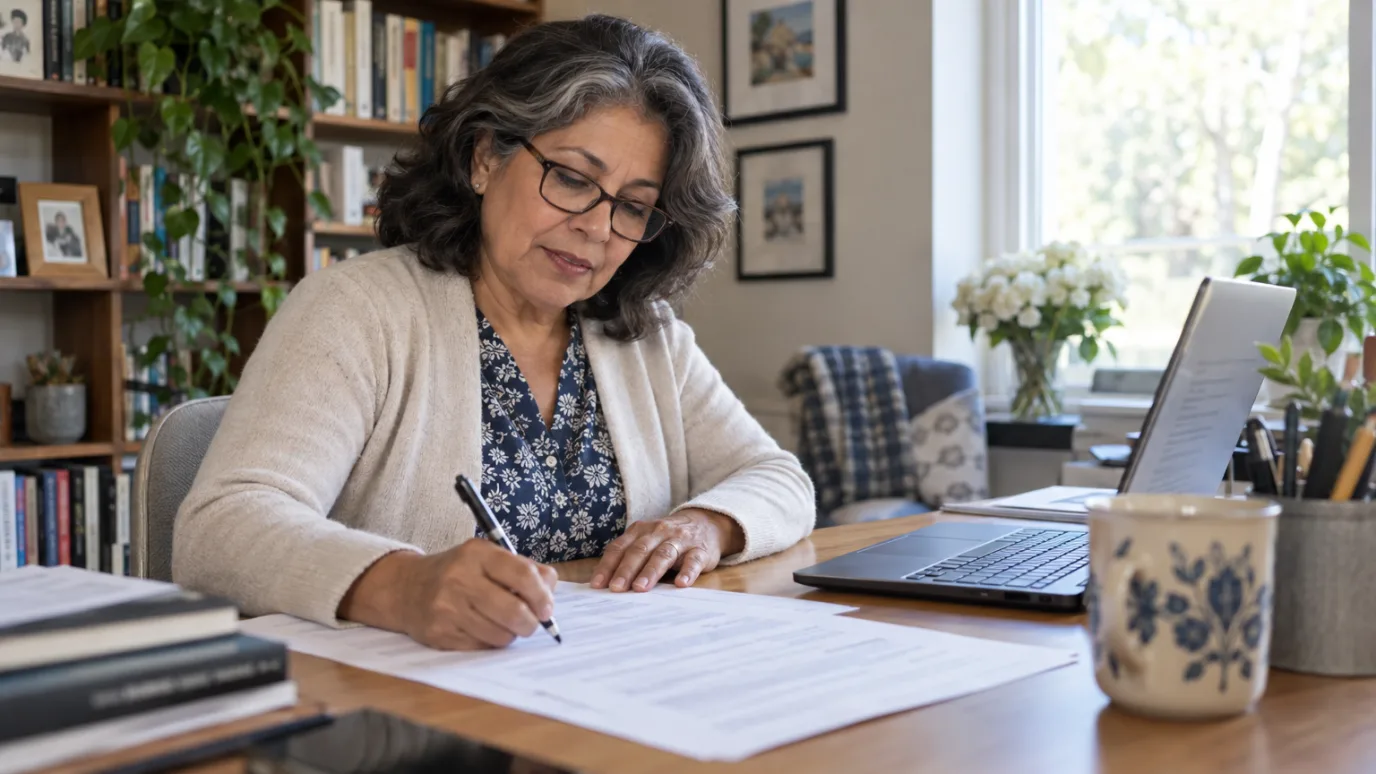 Woman in her sixties with reading glasses filling out a paper application at her home office desk