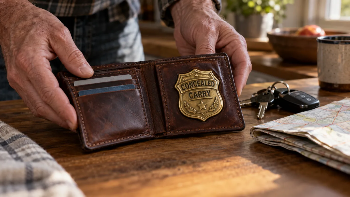Man setting down an open leather wallet with a gold badge reading Concealed Carry next to truck keys and a road map