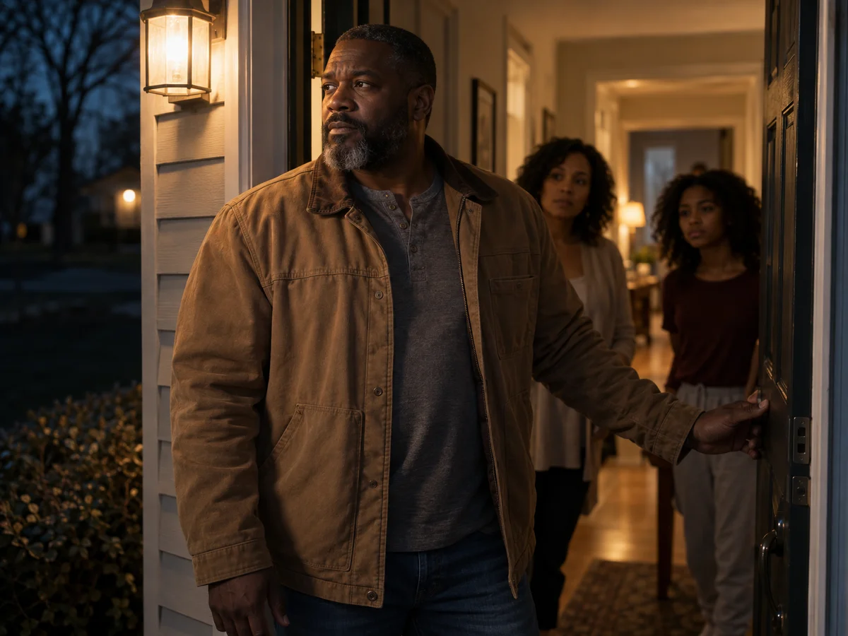 Father standing calmly at his front door at night while his family looks on from the hallway