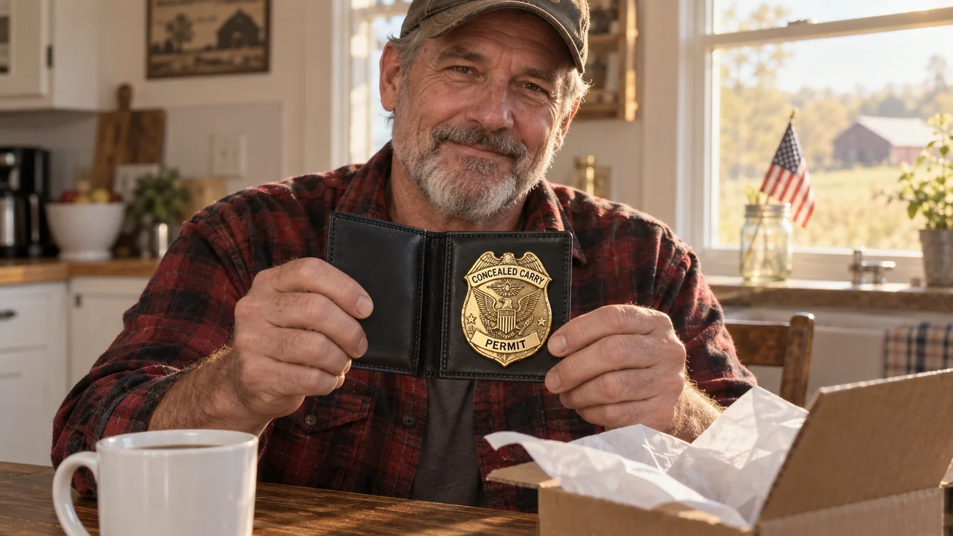 Man at his kitchen table holding up his concealed carry permit badge, with the shipping box it came in
