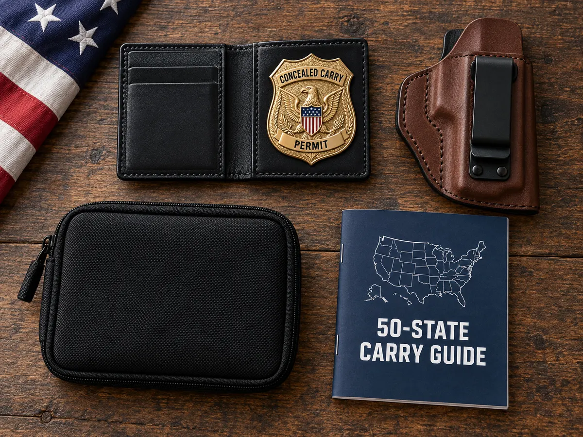 Concealed carry permit badge in a leather wallet, leather holster, carry case and 50-state carry guide
