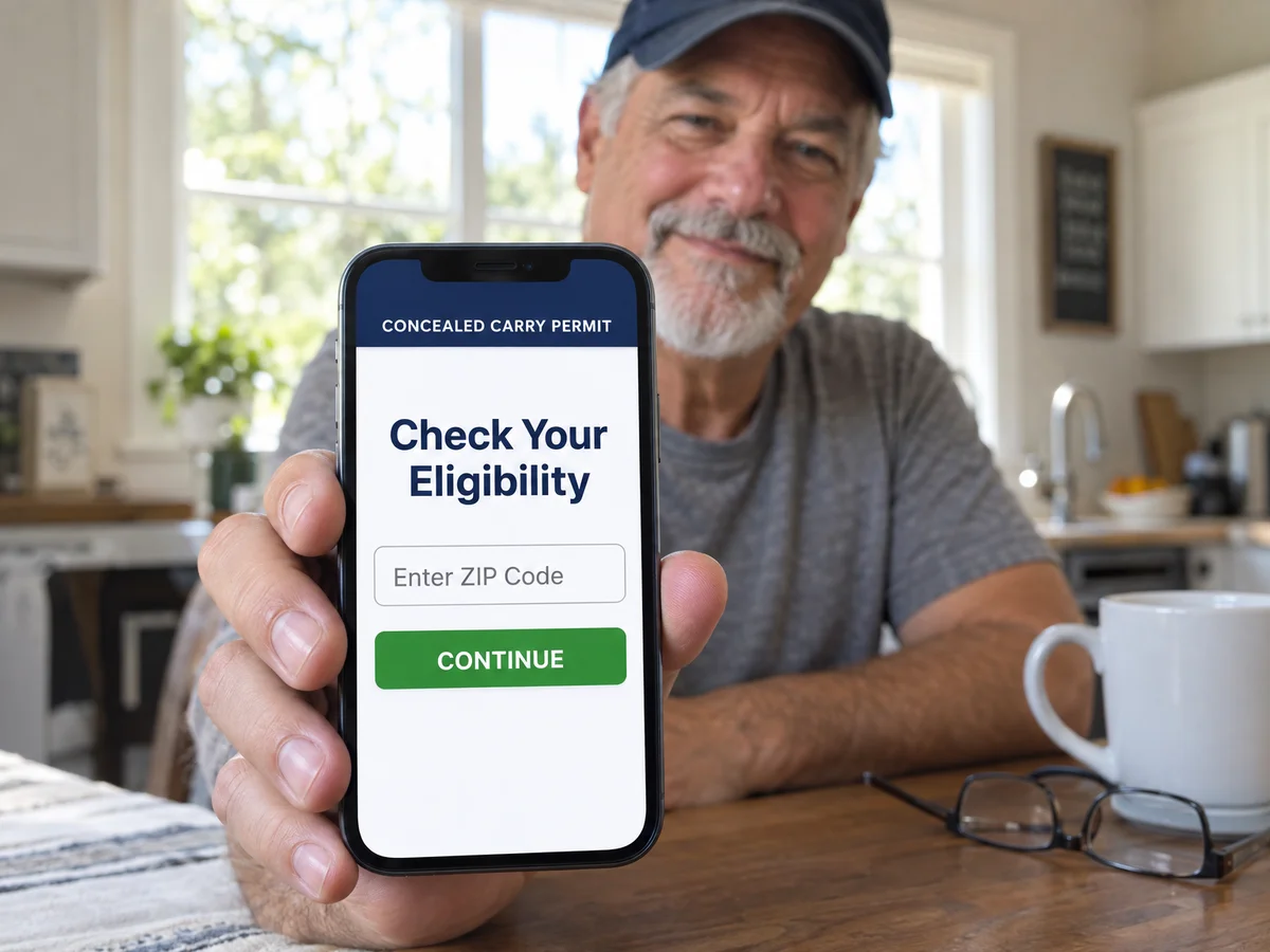 Man at his kitchen table holding up his phone showing the eligibility check with a ZIP code field
